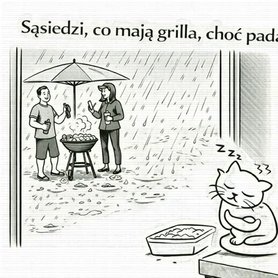 sasiedzi z grilem podczas deszczu